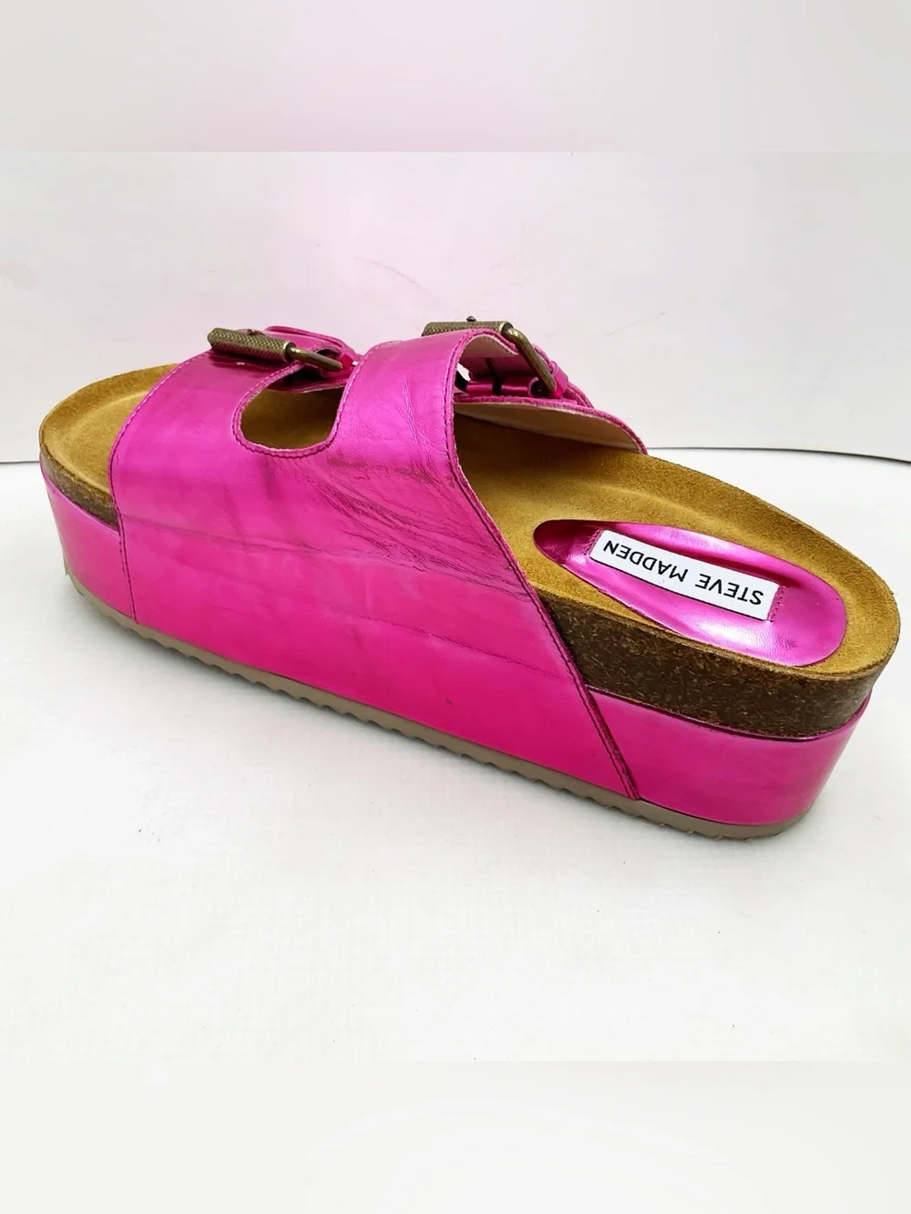 🆕{Steve Madden} Kali-J Distressed Metallic Pink Platform Slide Sandals